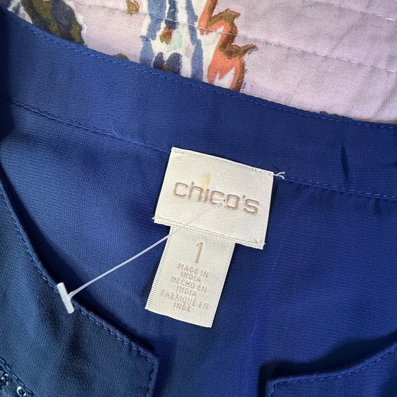 Chicos Cobalt Blue Split Neck Sequin Front Sheer Layered Occassion Blouse - Picture 12 of 13